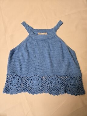 Sincerely Jules Womens Small Crop Top Crochet Knit Blue Halter 100% Cotton